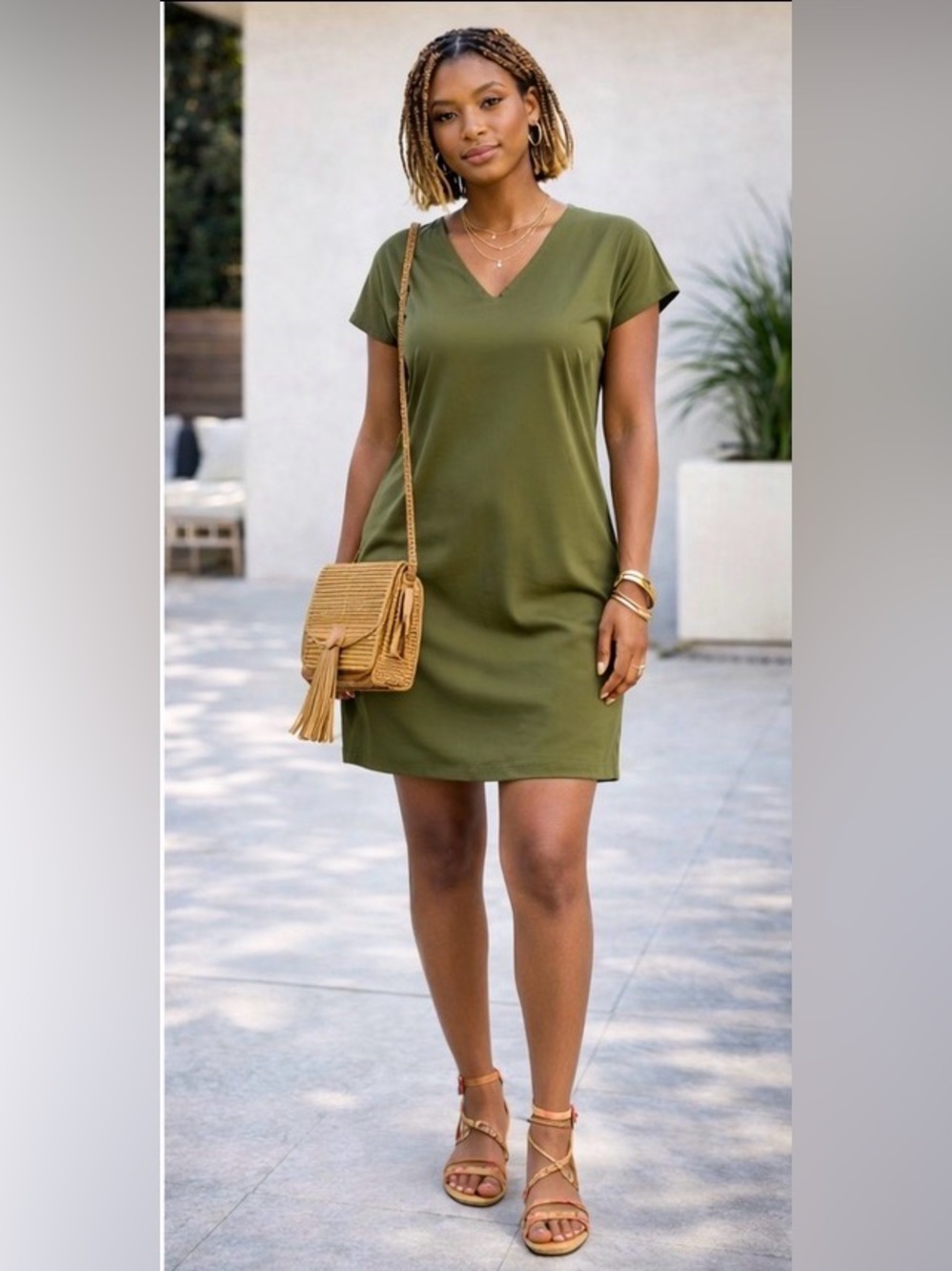 SEN Olive V-Neck Mini Dress - Casual Shift Style